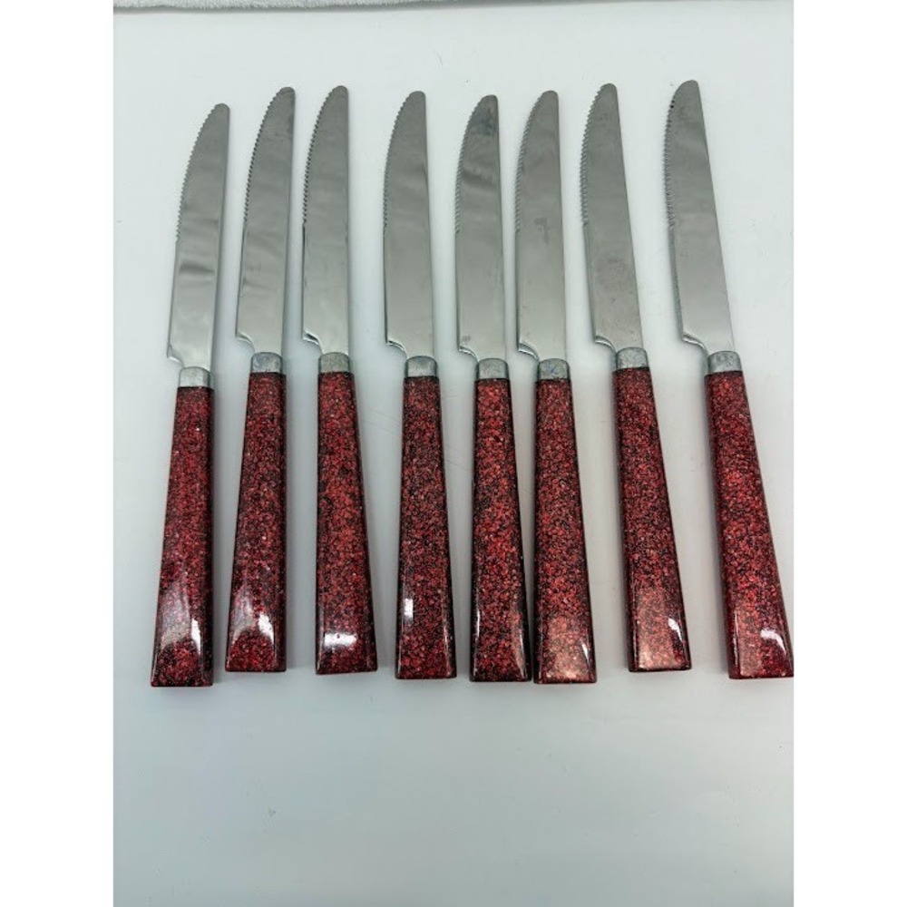 8 Pc Knife‎ Set Red Glossy Sparkle Handle Christmas Flatware Silverware